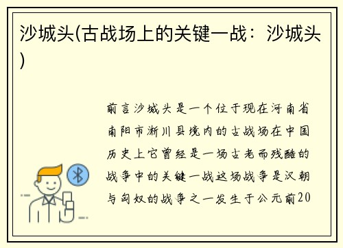 沙城头(古战场上的关键一战：沙城头)